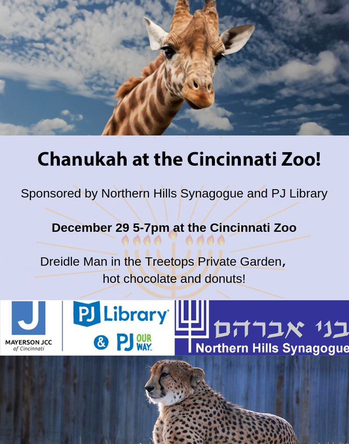 Hanukkah celebration at the Cincinnati Zoo on December 29 from 5-7pm in the Treetops Private Garden.  