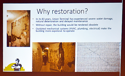 Another slide in the presentation, explaining why the Museum Center needs restoration.