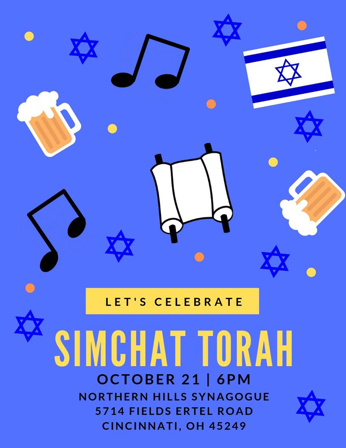 Celebrate Simchat Torah at NHS on Monday, October 21, 2019, at 6pm. Featuring a variety of desserts and special cocktails (non-alcoholic versions also available). Music provided by Queen City Klezmorim!